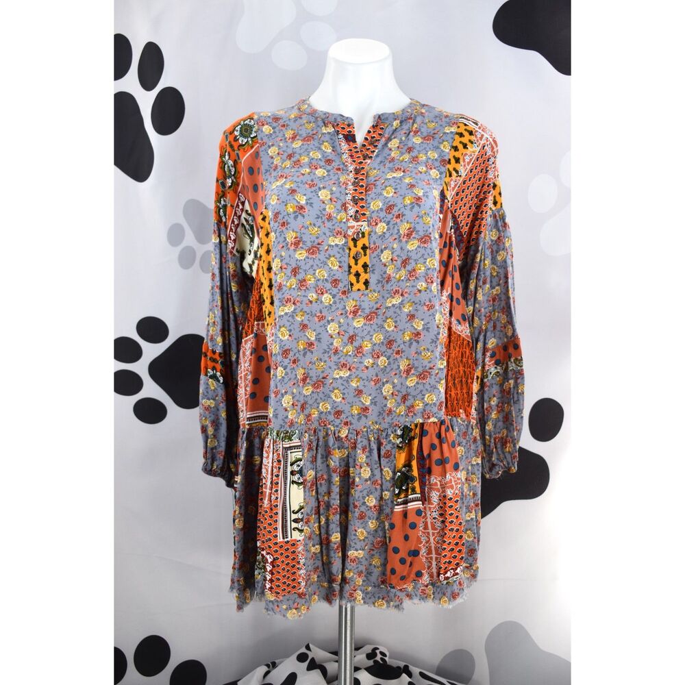 Easel Boho Long Sleeve Patchwork Peasant Dress Long Sleeves Multi Color Small